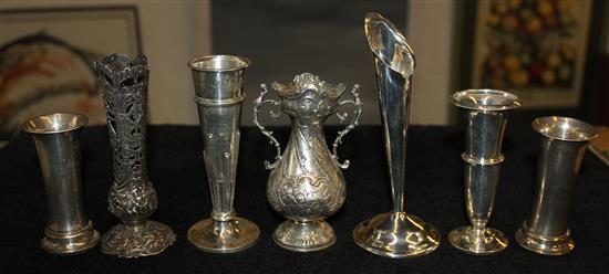 Pair silver posy vases and 5 others, odd